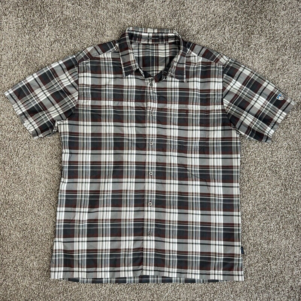Kuhl Shirt Mens Size L Brown Plaid Ionik Button Up Short Sleeve Hiking